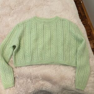 Zara Mint Green Cropped Cable Crewneck Sweater